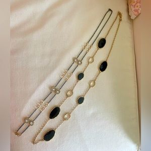 TwoNecklaces 1. Gold and black tone chain & rhinestones 2. Black glass sm. & lg.